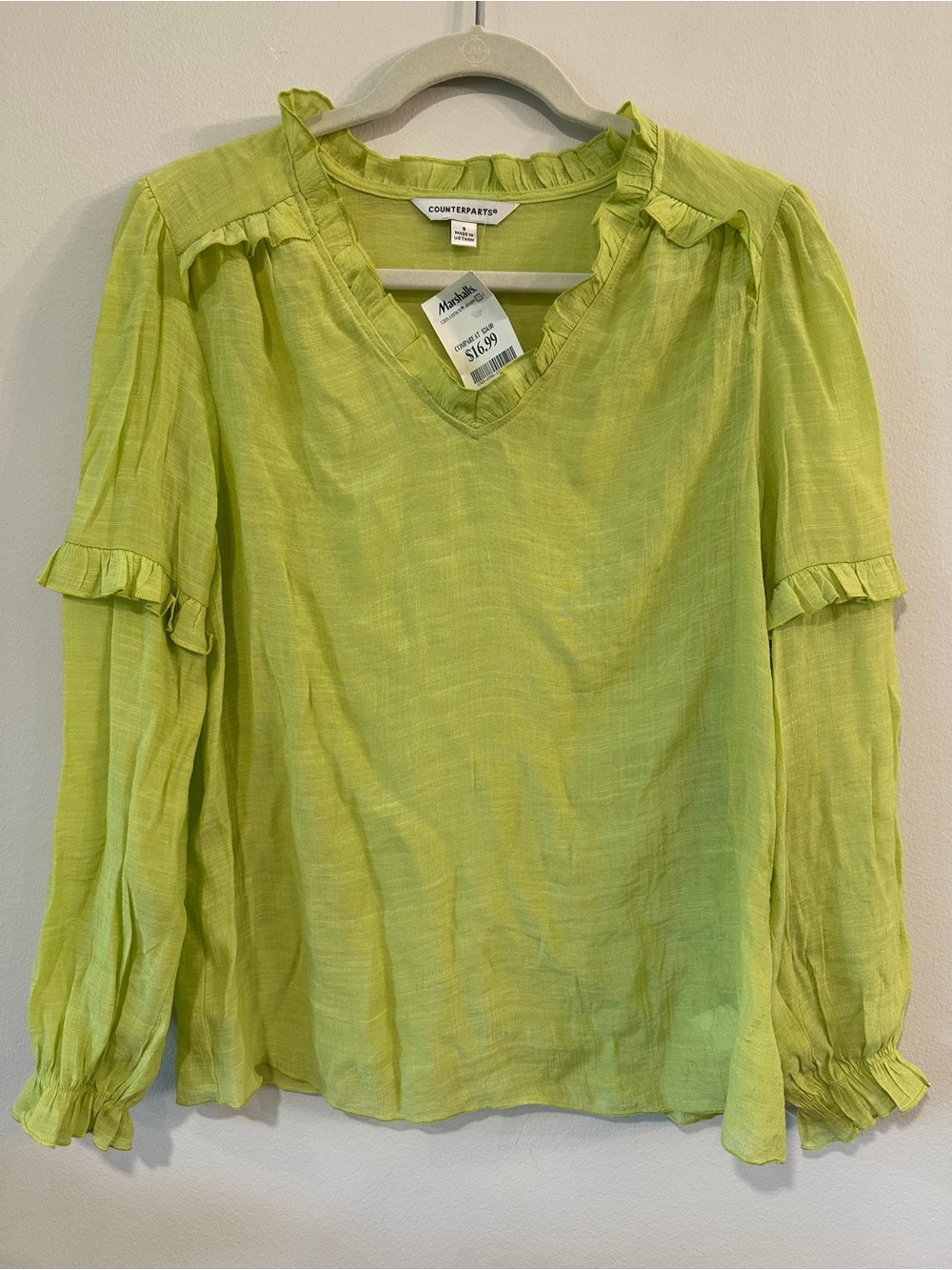NWT Counterparts Lime Green Ruffle V-Neck Long Sleeve Top | S